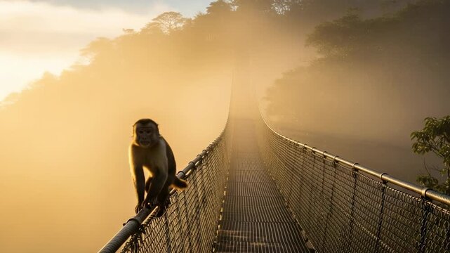 A white-faced capuchin monkey walks along the railing of a long suspension bridge disappearing into the golden morning fog of a tropical rainforest.