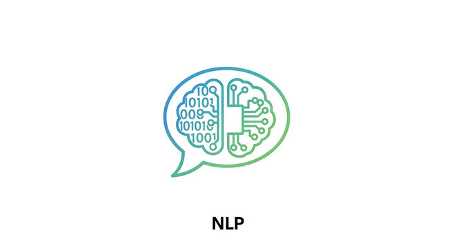 Illustration of a brain inside a speech bubble with binary code and a circuit board design on each side