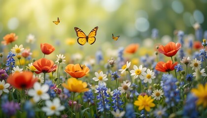 Obraz premium Monarch butterfly flying over a vibrant meadow filled with colorful wildflowers and soft sunlight