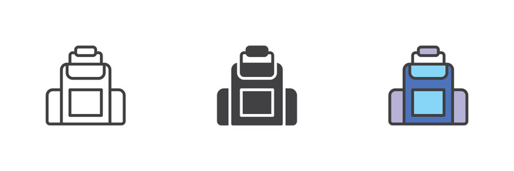 Backpack icon set in line, solid and filled outline style