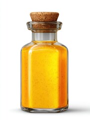 Amber Liquid in Glass Bottle with Cork Stopper on White Background