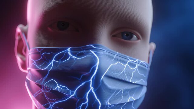 Man wearing electronic skeleton face mask concept. The mask displays a glowing electric pattern against a dark background.