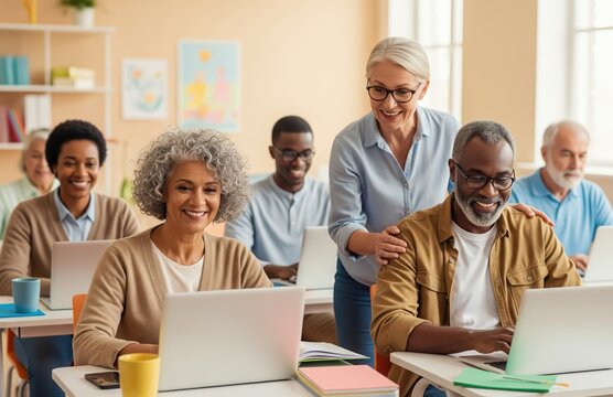 Group of senior adults in class learning with laptops showing enthusiasm for modern education and teamwork with supportive instructor nearby