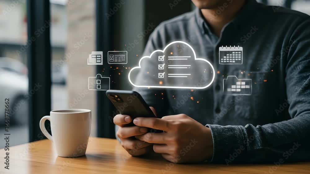 Poster person using a smartphone with cloud icons floating around