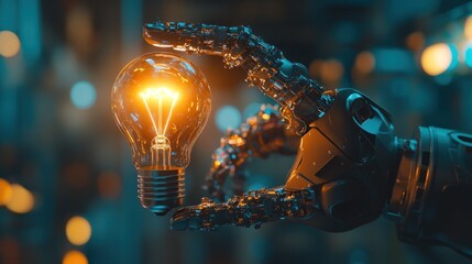 Futuristic robot hand holding glowing lightbulb in industrial setting