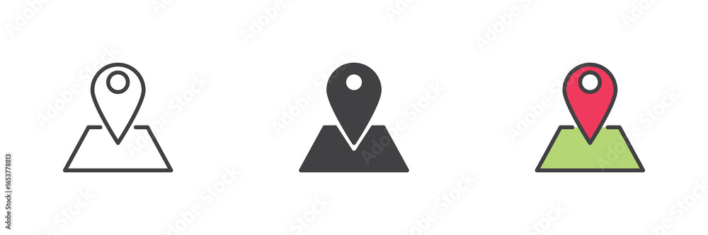 Poster map pin location icon set in line, solid and filled outline style