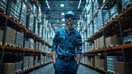 Warehouse Worker and Digital Interface: A warehouse worker stands in the middle of a vast storage, embodying efficiency and technology - Powered by Adobe