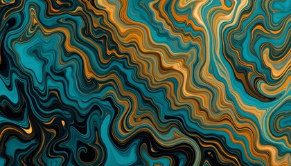 Fototapeta premium Abstract teal and gold swirling fluid art with organic patterns