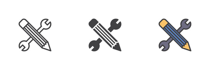 Tools and pencil icon set in line, solid and filled outline style