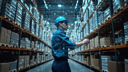 Warehouse Automation: A dedicated warehouse worker, fully engaged, carefully manages inventory amidst a dynamic network of high-tech automation and efficient processes.