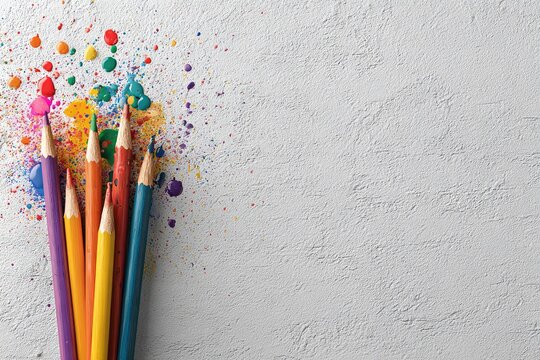 Colorful pencils with vibrant drips