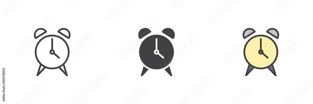 Poster alarm clock icon set in line, solid and filled outline style