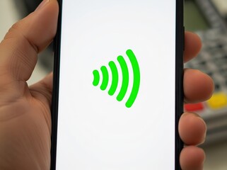 Hand holding smartphone showing glowing contactless payment symbol clear blurred background bright light concept of secure modern financial digital transaction technology