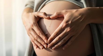 Pregnant woman's hands forming heart shape over baby bump, symbolizing love and anticipation