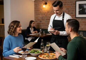 Joyful couple enjoying restaurant dining moment ordering delicious food from waiter sitting at table with pizza salad drinks and happy lifestyle interaction
