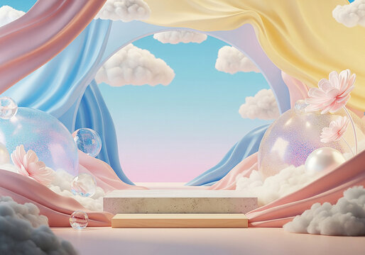 A fantastic and whimsical product scene, featuring a concrete and wood podium surrounded by clouds, flowing fabric, and transparent spheres with flowers, all under a pastel sky.
