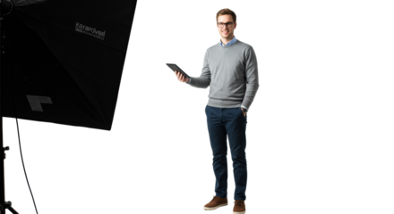 Young caucasian man in smart-casual business attire holds a tablet, standing confidently in a bright white studio with ample copy space. Concept of modern professionalism and digital innovation