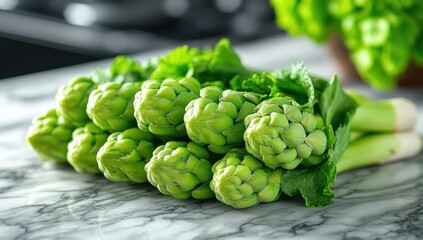 Fototapeta premium Close-up of a bunch of vibrant green buds, tightly clustered, on a marble surface