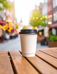 Morning coffee cup on a rustic wooden table with a beautiful bokeh background of a bustling city street, perfect for a cozy urban break or a quick takeaway drink.