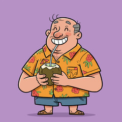 Happy cartoon man in an orange floral Hawaiian shirt holding a coconut drink with a straw and umbrella, wearing blue shorts and brown sandals, set against a purple background.