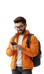 3D Character Man Backpack Using Phone A stylized 3D male character with glasses, a short beard, wearing an orange jacket