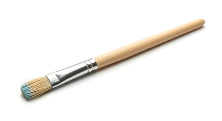 Fototapeta premium Close up of a paint brush with a wooden handle and blue paint on the bristles on a white background