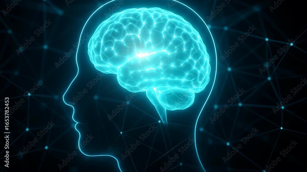 Poster glowing brain inside head with ai network showing medical ai integration for future health and neura
