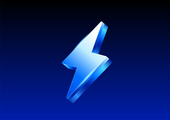 3d lightning bolt icon in blue metal style, isolated on dark blue background. Thunder or electric icon in 3d vector illustration. Vector illustration
