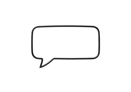 A crisp black outline of an empty speech bubble, presented as a clear graphic element on an immaculate bright white background with no shadows, evenly lit, minimalist concept of ideation