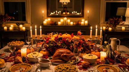 A festive Thanksgiving dinner table set with a roasted turkey, pumpkin pie, and traditional side dishes. A cozy, candlelit holiday feast in a warm dining room. - Powered by Adobe