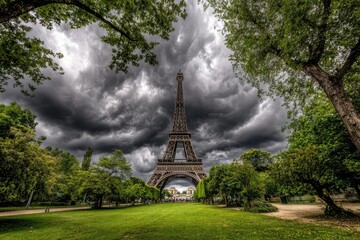 Eiffel Tower framed by trees under dramatic sky