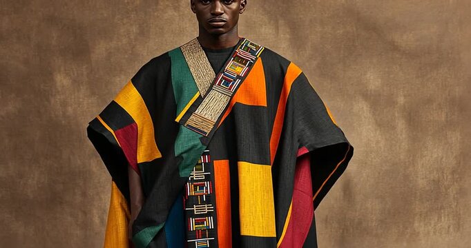 Colorful patterned poncho on a man.
