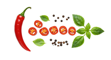 Naklejka premium Pristine vibrant whole & sliced red chili peppers, crisp green basil, scattered black peppercorns, flat lay on a bright white studio background. Concept of foundational excellence.