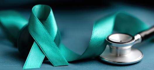 Teal awareness ribbon and stethoscope symbolize the fight against cervical cancer and the importance of early detection and medical care