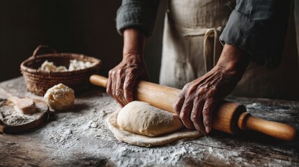 Artisan Baker Rolling Dough on Flour-Dusted Surface