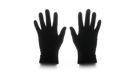 Fototapeta premium Two black gloves are displayed against a white background with fingers outstretched and palms facing forward