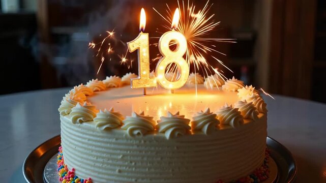 Golden eighteen birthday cake with sparklers and illuminated candles, celebrating a milestone moment