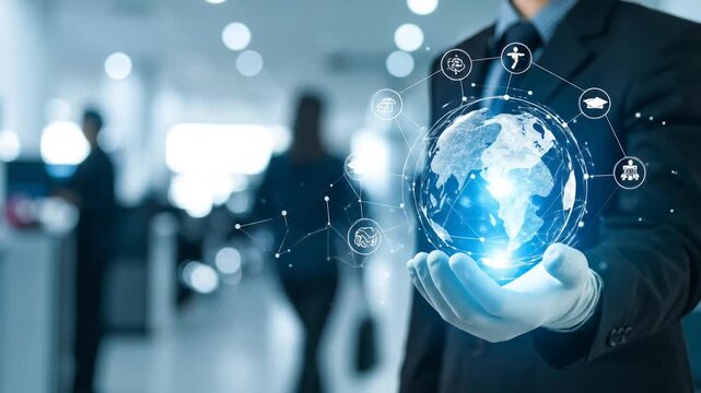 A businessperson in a suit holds a glowing globe. Graphic icons around. Blurred office background. Light blue tones. Focus is on the globe