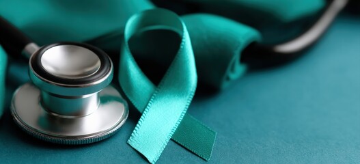 Teal awareness ribbon and stethoscope lying on doctor uniform symbolizing medical support for ovarian cancer patients