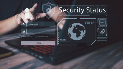 A person's hand reaches for a futuristic login screen with a security shield and world map, symbolizing global data protection and secure network access on a laptop.