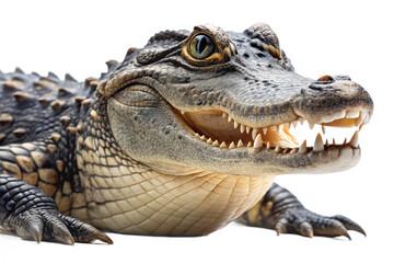 Fototapeta premium Close up portrait of a caiman with its mouth open showing sharp teeth