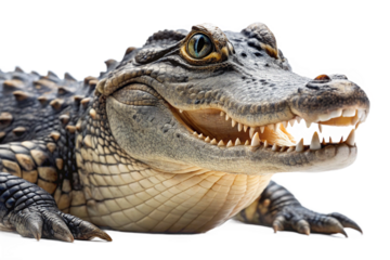 Close up portrait of a caiman with its mouth open showing sharp teeth