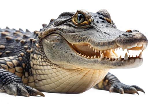 Close up portrait of a caiman with its mouth open showing sharp teeth