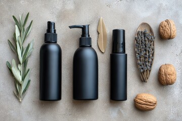 Three black cosmetic bottles, spray bottle, pump bottle, and spray bottle, arranged with sprigs, leaves, and nuts