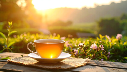 Golden Tea Cup With Steam Sitting On Saucer On Wooden Table During Sunrise With Lush Green Background