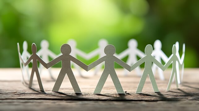 Paper cutouts of diverse human figures holding hands in a circle on a wooden surface with a blurred green background, symbolizing unity and teamwork.