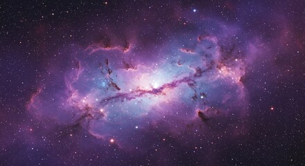 Seamless space background texture, astronomy backdrop with stars in the night sky and nebula clouds of purple, pink, and blue