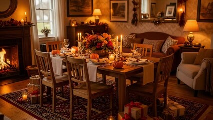 Cozy dining room set for a festive holiday dinner with a fireplace. Warm and inviting home interior with candles and gifts for a celebration.