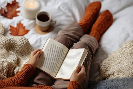 Woman wrapped in a cozy sweater and wool socks, savoring a book and warm tea in bed on a peaceful autumn morning