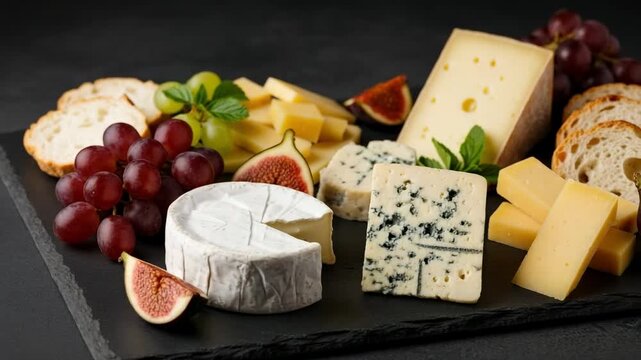 Assortment of various types of cheese on a slate board. Cheese platter with fruits and bread. Appetizer plate on a dark background.